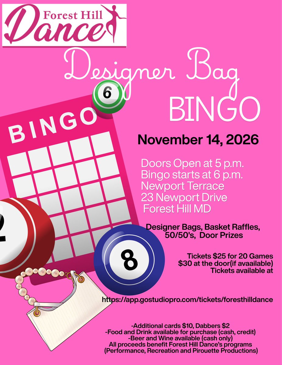 ForestHillDance's tweet photo. Forest Hill Dance-Designer Bag Bingo November 14th
Doors Open at 5:00 p.m.
Bingo Starts at 6:00 pm.
Newport Terrace
23 Newport Drive, Forest Hill
Designer bags, basket raffles, 50/50's, Door Prizes
Tickets: https://t.co/PnJxs9pbur https://t.co/gmKpML4ldU