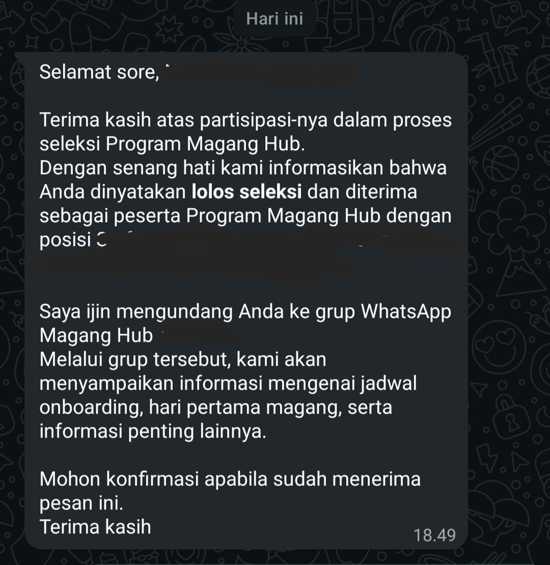 atmayayeah's tweet photo. AKU LOLOS MAGANGHUB😭🙏🏻 

ga ekspek karna uda hopeless gada notif apa2.. ternyata minggu diundang intv, senin intv, hari ini diumumin huhu terima kasih yaAllahhh https://t.co/xGSBjpQHsh
