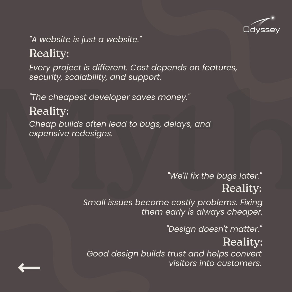 OdysseyDevs_'s tweet photo. The cheapest website can become the most expensive one.

Bugs
Security issues
Delays
Poor performance
Costly rebuilds

Don't compare development quotes by price alone.
Compare quality, security, scalability, and long-term value.
Build for today. Plan for tomorrow.
#WebDevelopment https://t.co/8cUhcT5c00