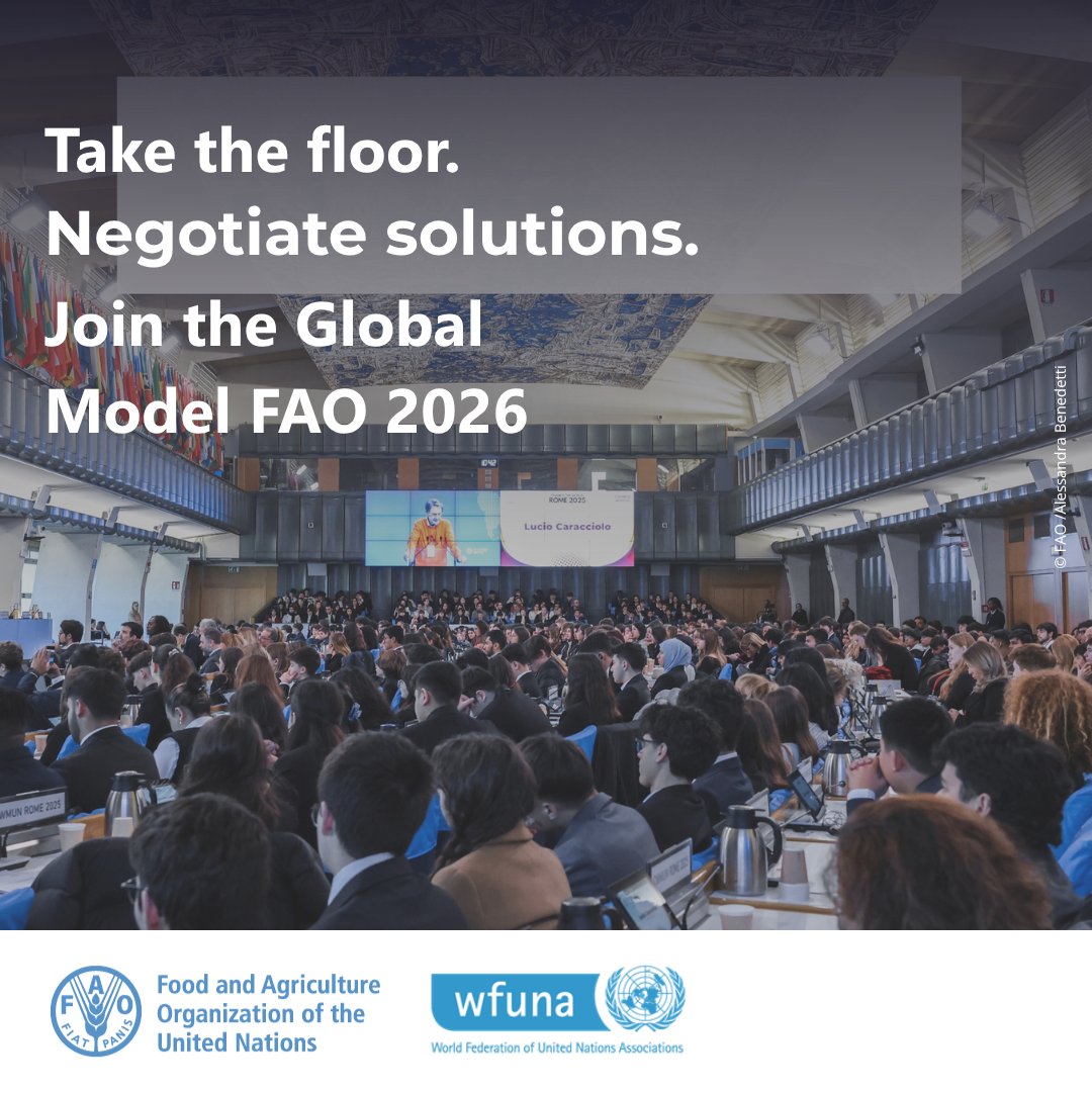 FAOKnowledge's tweet photo. Are you a university student or recent graduate interested in food security, sustainability and global policymaking?
Join the Global Model @FAO 2026 in Rome from 24–27 November 2026!
Learn more and register here 👉 https://t.co/FNfbpFMyNt
#ModelFAO https://t.co/qUsAoUKmh4