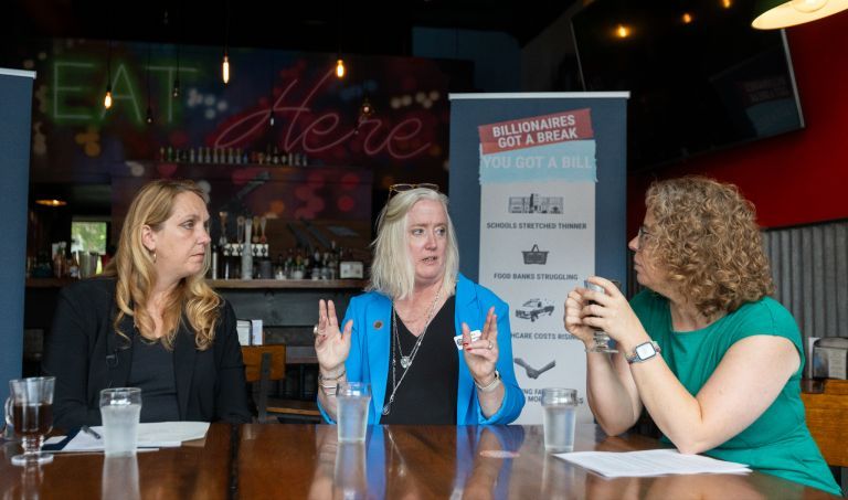 KristenCrowell1's tweet photo. Everywhere I went on the Who Pays? Bus Tour I met families making impossible choices: rent or insulin, groceries or gas. Nobody asked for a handout. They asked why billionaires pay a lower effective tax rate than they do. I still haven't heard a good answer as to why. https://t.co/GFiHWyxzoS