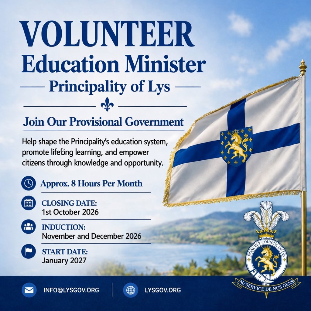 LysGov's tweet photo. Lys is searching for an Education Minister—someone who believes that strong nations begin with strong learning.
Our Provisional Government begins January 2027 & we need an active volunteer who can lead educational programmes, inspire communities & communicate confidently.
#Lys https://t.co/nlpgnNYQOe