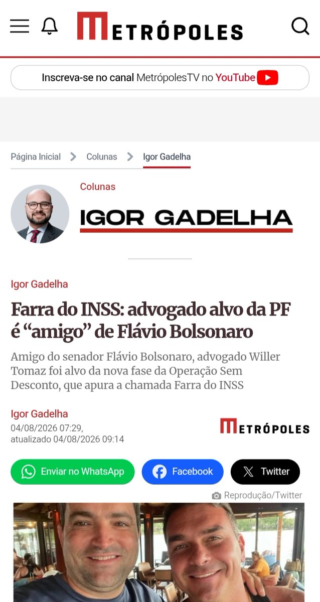 LuizianneLinsCE's tweet photo. Tariflávio Traidor da Pátria Golpista Bolsomaster mais uma vez relacionado a esquemas de corrupção. Operação da PF contra a Farra do INSS chega ao advogado Willer Tomaz. Flávio Bolsonaro se referiu a Tomaz como “meu amigo” durante sessões da CPI da COVID-19. Em 2025, os dois viajaram para a Flórida em jatinho dos donos do laboratório União Química. Tirem suas conclusões!