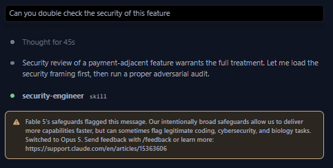 foundurslab's tweet photo. Wow,  @AnthropicAI  what's the point of paying for Fable 5 if you can't use it for the most important reviewing? https://t.co/fzqISSZoRF