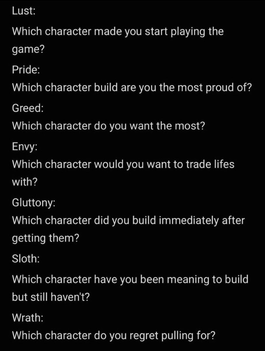 tsar1tsq's tweet photo. lust: probably venti, eula or ganyu
pride: columbina!!
greed: the tsaritsa c6r1 lvl100
envy: lisa!
gluttony: columbina as well,,
sloth: all of my characters im too lazy to farm artifacts
wrath: kinich r1, nilou and sigewinne lowkey https://t.co/8QZ367w5PC