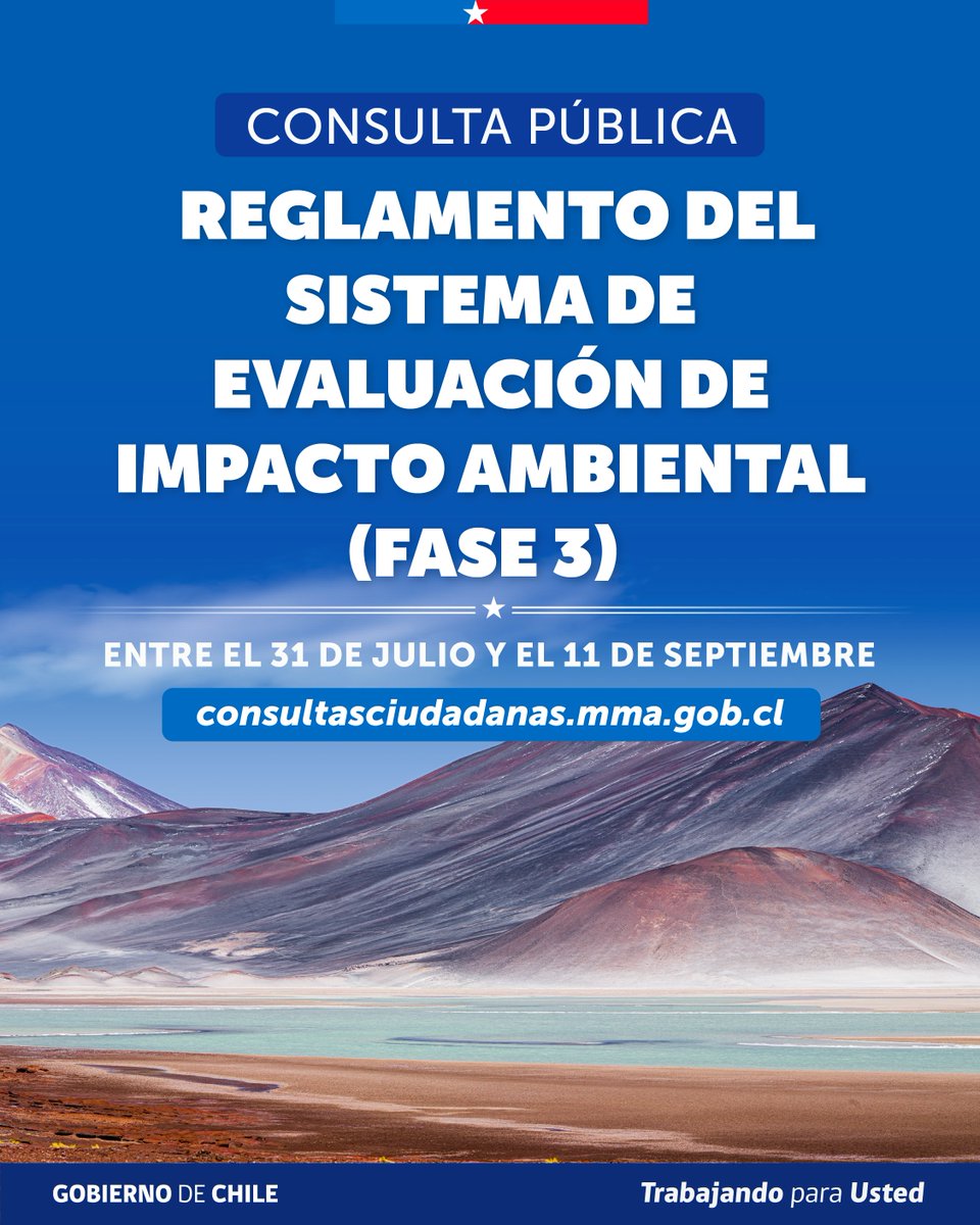 MMAChile's tweet photo. Comenzó la Consulta Pública del Reglamento del Sistema de Evaluación de Impacto Ambiental (SEIA) – Fase 3. Ya fue publicada en el Diario Oficial la Resolución Exenta N° 4157/2026, que aprueba el anteproyecto que modifica el Reglamento del SEIA.
Participa: https://t.co/doQpzWwpf9 https://t.co/olfS1hyYOw