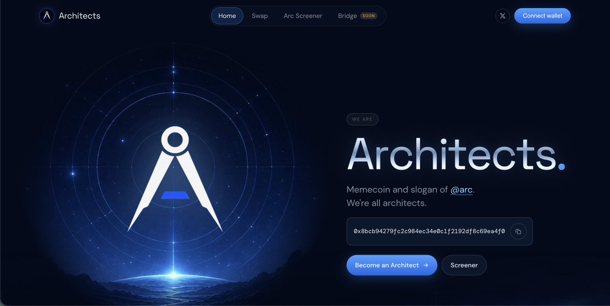 arctsdotfun's tweet photo. Architects Official Website is Now Live!
https://t.co/AMd94cPRws
This is more than just a token website it's a core part of the Arc Chain ecosystem, bringing everything you need together in one place.

On our website, you can:
🔹 Safely trade any token across the @arc ecosystem.
🔹 Track real-time market activity, including price movements and trends for all Arc Chain tokens.
🔹 Use the built-in Bridge to quickly and securely deposit and withdraw funds between supported networks.
🔹 Access the key services of the Arc Chain ecosystem through one simple and intuitive interface.
We're continuously improving the platform and adding new features to make your experience with Arc Chain faster, easier, and more secure.
Welcome to Architects you're now part of the growing Arc Chain family!
