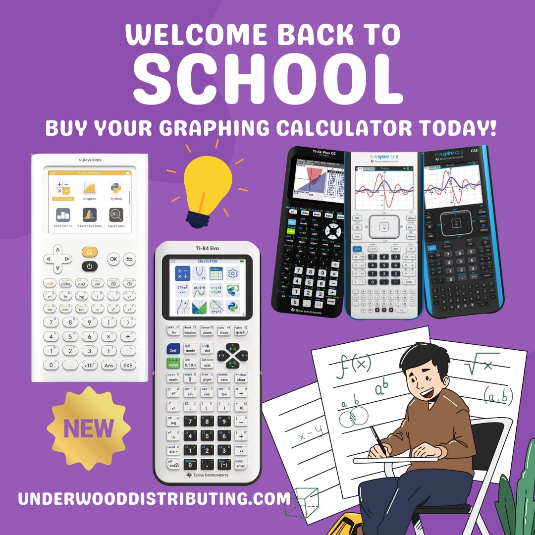 UnderwoodDist's tweet photo. Welcome Back to School! 📚🧮

Buy your graphing calculators today and start the year strong! From the brand new TI-84 Evo to the full line of TI-84 Plus CE, TI-Nspire CX II, TI-Nspire CAS, and NumWorks models — we’ve got everything your math classrooms need.

Make back-to-school ordering simple and stress-free.