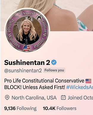 BohoGirl_M19's tweet photo. Let's follow Sunshine! 🇺🇸 @sunshinentan2 
MAGA Supporter / Pro Life Conservative / NC Patriot! 
Had the pleasure of getting to know her a little more today. 😊 https://t.co/I42Xh1DssH