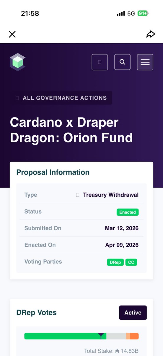fangfan183's tweet photo. 🔥重大生态信号｜Cardano Orion猎户座基金
Orion Fund由卡尔达诺（ADA）创始人联合硅谷风投之父Tim Draper的Draper Dragon共同设立，基金总规模目标8000万美金，卡尔达诺国库链上治理投票批准通过。

而该基金首个落地投资项目正是Subfrost，也就是比特币一层原生智能合约Alkanes协议开发团队。
这代表比特币UTXO生态获得硅谷顶级风投+Cardano国库双重资本背书，BTC原生智能合约叙事再添重磅砝码🚀

提案链接：https://t.co/7Jml4E132j