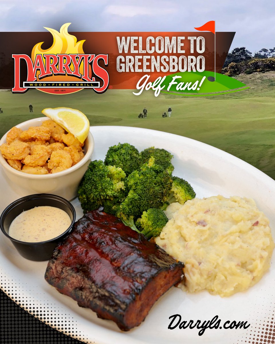 darryls's tweet photo. Welcome to Greensboro, golf fans! ⛳
Make time for a true Greensboro favorite. Serving up wood-fired flavors, refreshing drinks and plenty of Southern hospitality!
#WyndhamWeek #VisitGreensboro #GreensboroNC #Darryls #WoodFiredGrill #GolfFans https://t.co/EinSoR4afg