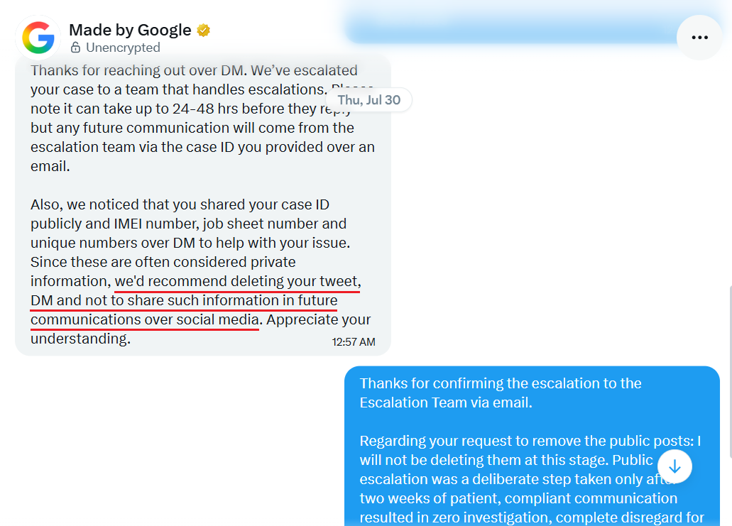 zenithpankaj's tweet photo. 🚨UPDATE: DMs me asking to DELETE this thread. Now my case is running on a bot loop: 4 identical holding emails in a row (29/07, 31/07, 02/08, 04/08)! 💀
Today’s email was such an exact copy that Gmail auto-collapsed it as "trimmed content."
On X, @GoogleIndia claims email support is "better equipped." Better equipped to do what? Auto-fire duplicate scripts every 48 hours to stall consumers until they give up?
Total mockery of consumer rights!

@jagograhakjago @ConsumerAffairs @GyanTherapy   #PixelServiceDefect