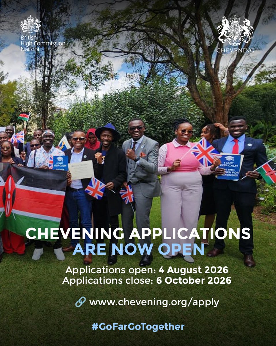 UKinKenya's tweet photo. Applications for #Chevening Scholarships are now open! 🇰🇪

Could you be Kenya’s next Chevening Scholar?

Apply by Tuesday 6 October 2026 14:00(EAT) at https://t.co/U81MDooIkR

Tag someone who can’t afford to miss this opportunity!

#IAmChevening https://t.co/gD5eNUiprB