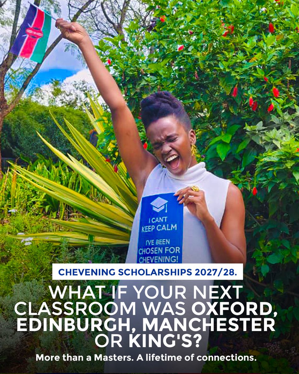 UKinKenya's tweet photo. Applications for #Chevening Scholarships are now open! 🇰🇪

Could you be Kenya’s next Chevening Scholar?

Apply by Tuesday 6 October 2026 14:00(EAT) at https://t.co/U81MDooIkR

Tag someone who can’t afford to miss this opportunity!

#IAmChevening https://t.co/gD5eNUiprB