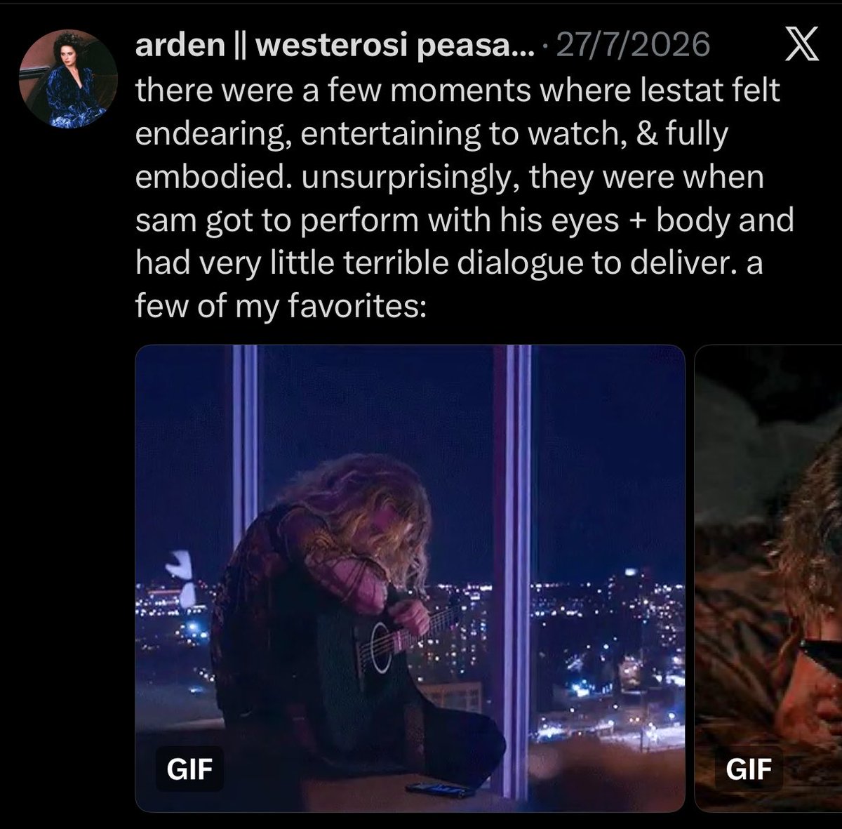 sunset_tower_'s tweet photo. they were praising him a week ago and now they’re bashing him for a face he makes just to get some likes bc apparently it’s cool to hate not only on lestat but on sam too, okay!! https://t.co/d4EvoWU8dp