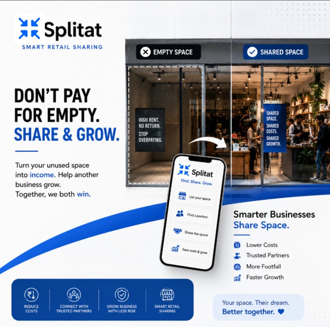 SplitatOfficial's tweet photo. Don’t pay for empty. Share &amp; grow. 💙
Turn unused retail space into an opportunity.
Share space → reduce costs → connect with the right partner → grow together.
Your space. Their dream. Better together.
#Splitat #SmartRetailSharing #BusinessGrowth #SharedSpace https://t.co/wEKtjrayc4