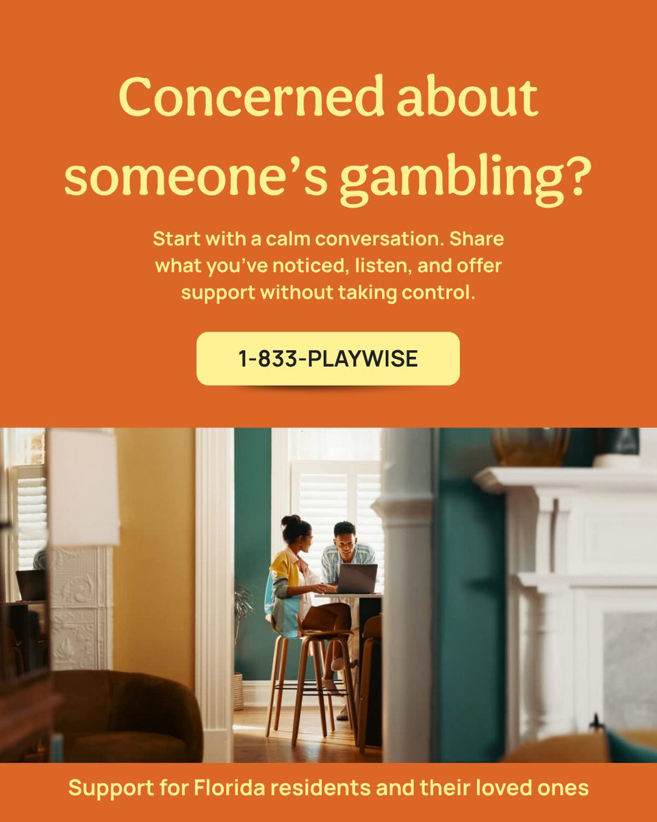 PlaywiseRg's tweet photo. Supporting someone with a gambling problem does not mean solving everything for them.

Listen, share resources, set clear boundaries, and encourage support.

Florida residents and loved ones can call 1-833-PLAYWISE for confidential help.

#PlaywiseFlorida #GamblingSupport https://t.co/cnYIz8DZtk