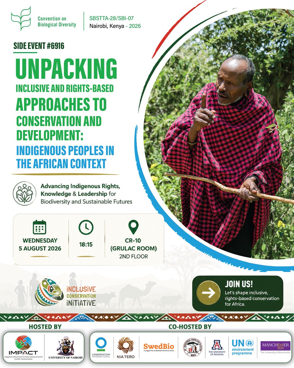 Kenya_IMPACT's tweet photo. Join us tomorrow for our side event:

📆 5th August 2026
⏱️ 18:15 - 19:35 (80min)
📍 CR-10 - GRULAC Room, 2nd Floor

“Unpacking Inclusive and Rights-Based Approaches to Conservation and Development: Indigenous Peoples in the African Context”

How can conservation in Africa move away from exclusionary models to centre Indigenous knowledge, collective rights, and self-determination? 

Convened by IMPACT Kenya and the Institute for Development Studies (IDS), University of Nairobi, this session unpacks a landmark short certificate course designed to embed Indigenous governance, FPIC, and rights-based approaches into KM-GBF implementation and Target 3.

@conservationorg @swedbio @niatero @mikia_kenya @ASU @unep @OfficialUoM @uonbi