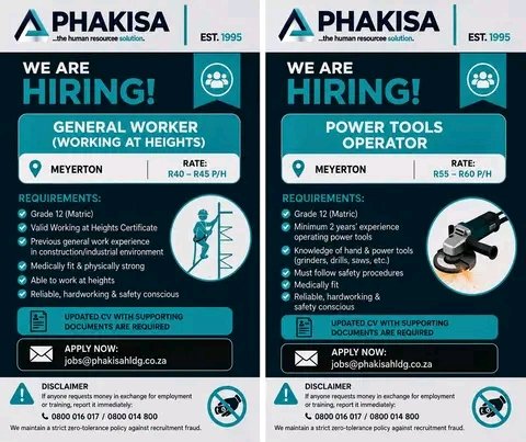 NthabelengDlam5's tweet photo. NOW HIRING – MEYERTON
Phakisa Holdings is recruiting for the following positions:
General Worker (Working at Heights) – R40–R45 per hour
Power Tools Operator – R55–R60 per hour
Apply now: jobs@phakisahldg.co.za
#PhakisaHoldings #NowHiring #MeyertonJobs #GeneralWorker https://t.co/xAl1D7PdGH