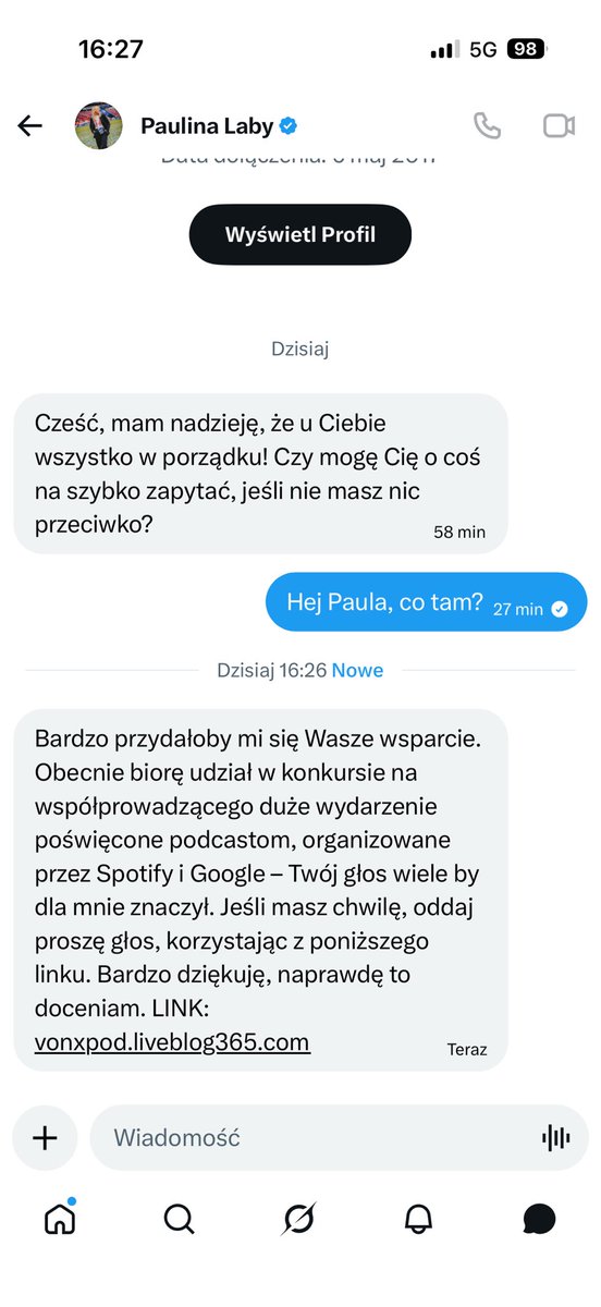 DariaWollenberg's tweet photo. Zhakowane konto @paulinalaby wysyła wiadomości z linkiem, który prawdopodobnie może Wam wyrządzić krzywdę. Nie klikajcie proszę w link i nie odpisujcie na wiadomości rzekomo wysyłane przez nią (uprzedzając: ja odpisałam celowo). https://t.co/pguwcXIsi2