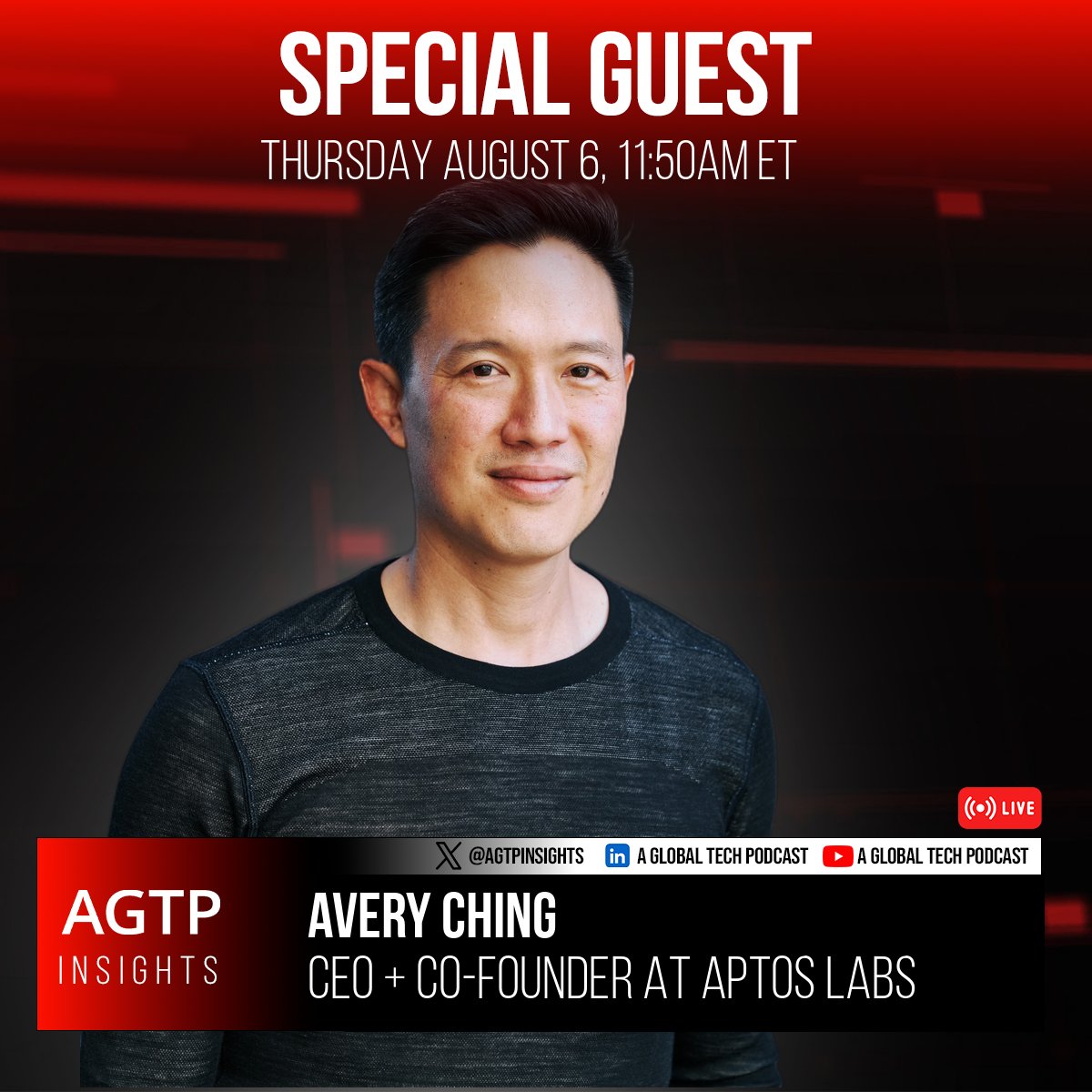 AGTPinsights's tweet photo. Joining us live on AGTP is @AveryChing, CEO + Co-founder at @AptosLabs, this Thursday at 11:50am ET.

We will explore the future of real world asset trading as blockchain infrastructure matures and how institutions are beginning to adopt blockchain technology today.

Avery will share perspectives on the barriers to institutional blockchain adoption in enterprise finance and the emerging convergence of AI and blockchain. We will discuss what Aptos Labs is building and how these technologies will reshape decentralized finance for institutions.

Subscribe to @@AGTPinsights and join us for this live stream on Thursday 🚀