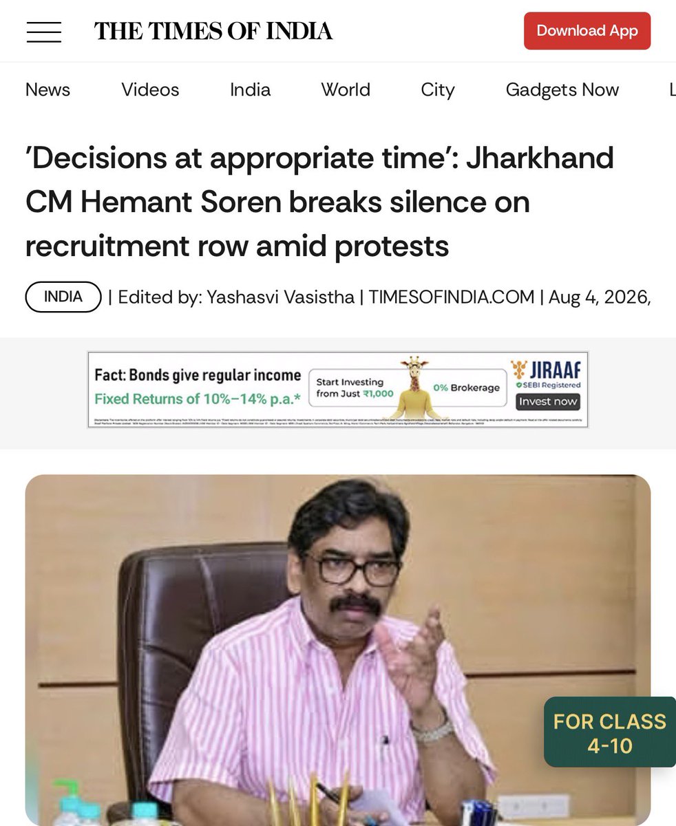 TheDeshBhakt's tweet photo. Students shouldn’t have to protest for so many days // launch hunger strikes in a democracy - for a Chief Minister to ‘break his silence’🫩
It’s not enough when Hemant Soren says that the ‘government has eyes, ears & is sensitive to the issue…’
If this was the case - so much fraud on the future of India wouldn’t have happened.
What the CM needs to do is break his ego - be with the students and not eat before HARD ACTION is taken.  Gen Z is done with fake ‘assurances’