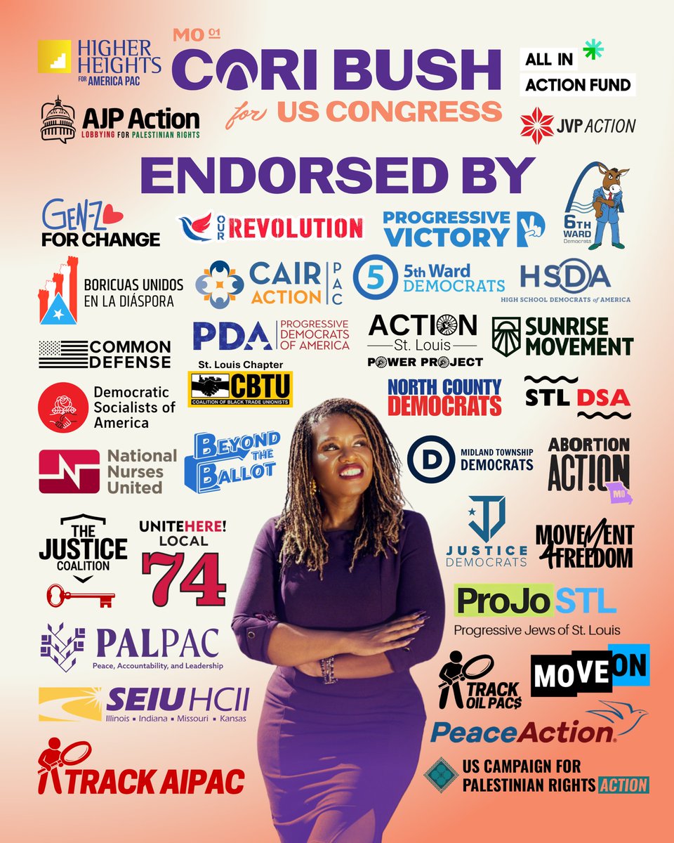 CoriBush's tweet photo. Today is Primary Election Day, St. Louis! I’m so proud to have earned the endorsement of these incredible organizations, and I can’t wait to bring them and you to Washington!

Today is the day to make your voice heard and send a true fighter for St. Louis back to Congress.

Get out and vote, St. Louis!
Polls will be open from 6am - 7pm