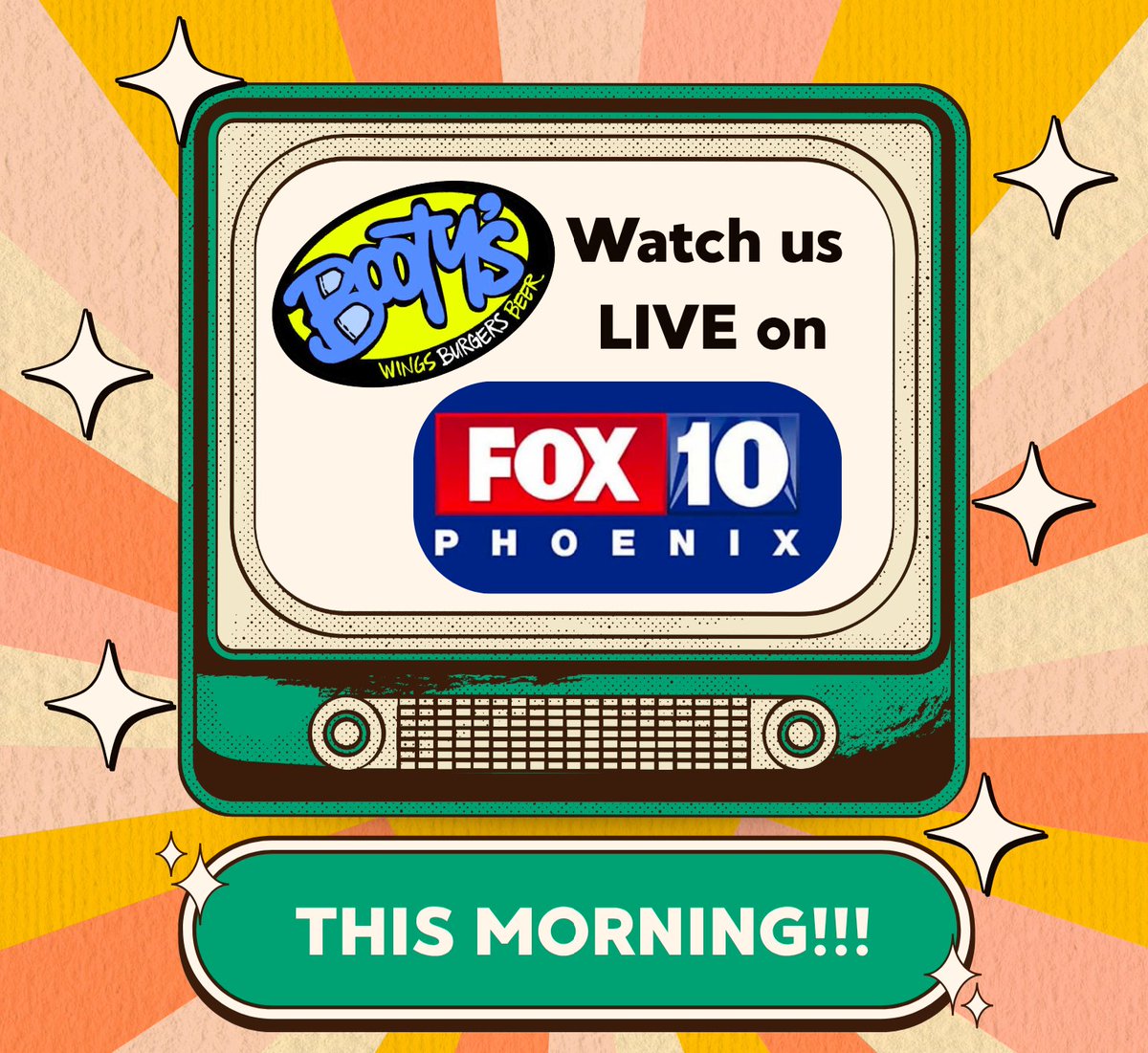 bootyswings's tweet photo. 🚨 WE'RE GOING LIVE, Y'ALL! 🚨
Catch our very own Andy live on FOX 10 Phoenix this morning talking all things wings, burgers, and beer! 🍗🍔🍺
Tune in and watch Booty's take over your TV screen — you don't want to miss this one! 📺✨
#BootysWingsBurgersBeer #Fox10Phoenix https://t.co/5md9HPH4oR