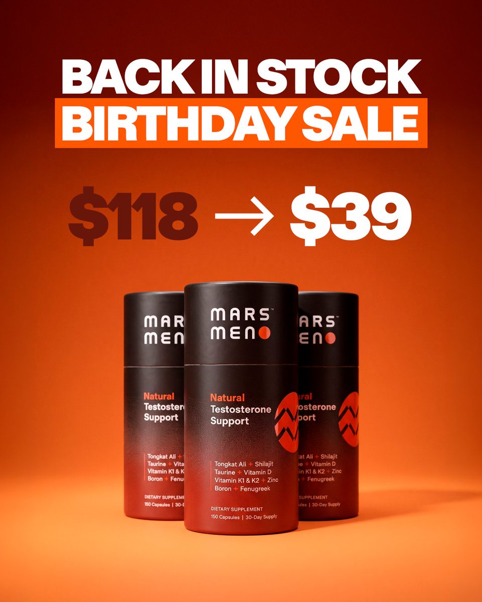 mengotomars's tweet photo. 🎉 ANNIVERSARY SALE  67% OFF + FREE GIFTS

Scientifically formulated. Naturally sourced. Discover how Mars Men is helping men support healthy T-levels and reclaim their edge…

Shop now and try Mars Men for only $39 on your first purchase. Offer ends soon!