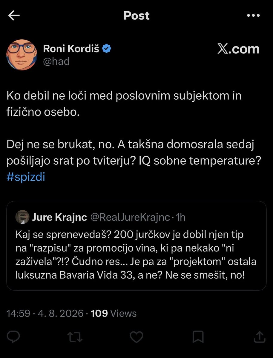RealJureKrajnc's tweet photo. Častilec levih korumperjev @had , ki se je podelal v hlače in me blokiral 😎, nas skuša prepričati, da je pravično in solidarno, da je ga. Ćalušić podjetju svojega partnerja na "razpisu" dodelila 200 k€. Za jahto Bavaria. 🤮 Naj se ta sramota širi! Prosim, delite! 🙏 https://t.co/SxrGnbhZmF