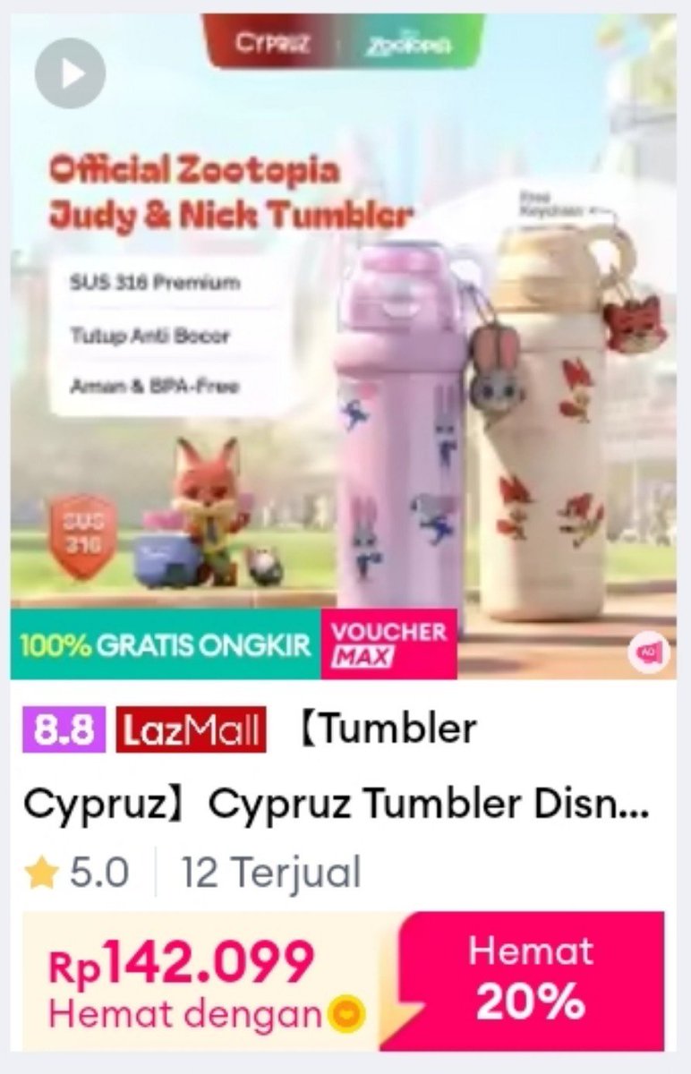 accesforskin's tweet photo. Cypruz Tumbler Disney Zootopia Collection Judy Hopps &amp; Nick Wilde 600ML Botol Minum Paw Pop Bottle Series Stainless BPA Free Tahan Panas Dan Dingin | https://t.co/45QNiKvIA2 https://t.co/0sTdB4plI7