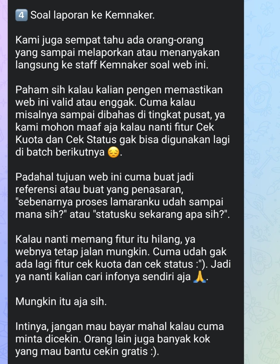 cnnamoen's tweet photo. siapa yg laporin pantauloker ke kemnaker ih 😠 sama jangan mau bayar mahal diatas harga prem pantauloker sendiri untuk hasil yg belum pasti ges apalagi kalo cuma bisa sekali cek, banyak yg masih open gratis kok 😞 https://t.co/LufKLj2nXL