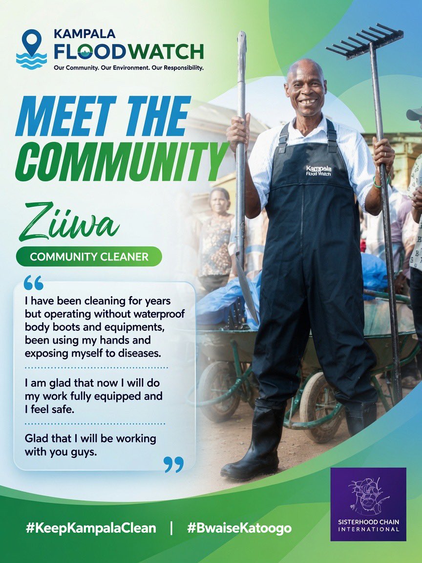 Sisterhood_Intl's tweet photo. Meet Ziiwa, a dedicated community cleaner and one of the volunteers driving the Bwaise Katoogo initiative to desilt and unclog blocked drainage channels. 
Through his commitment to sanitation and environmental protection, he is helping create a cleaner, healthier and flood-resilient community.
#KampalaFloodWatch
#BwaiseKatoogo
#KeepKampalaClean