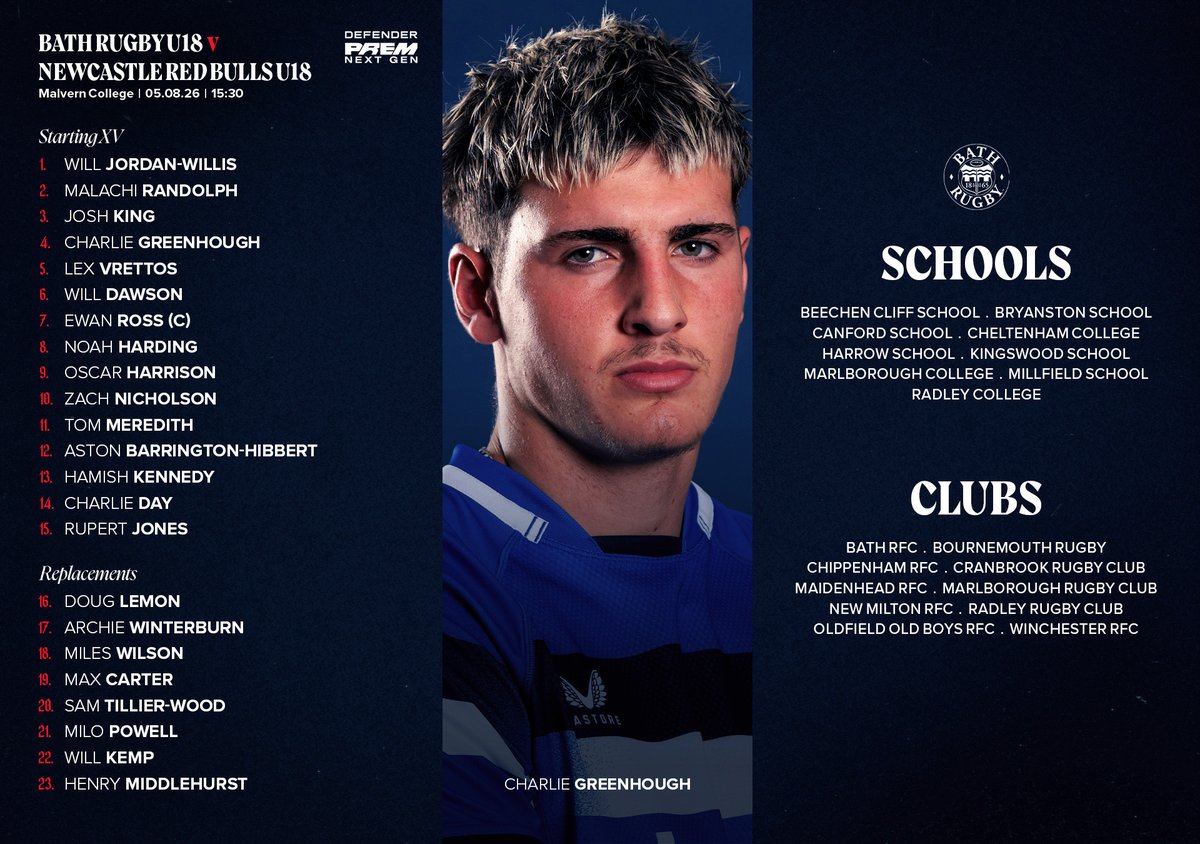 BathRugby's tweet photo. 𝐓𝐞𝐚𝐦’𝐬 𝐮𝐩 🔥

The U18s kick-off the first game of the 2026/27 season against Newcastle Red Bulls. 

Traveling to Malvern College on Wednesday, best of luck to all the lads involved. 

Full story 🗞️👉 https://t.co/RknZpQ07aB https://t.co/wzPDp0MISD