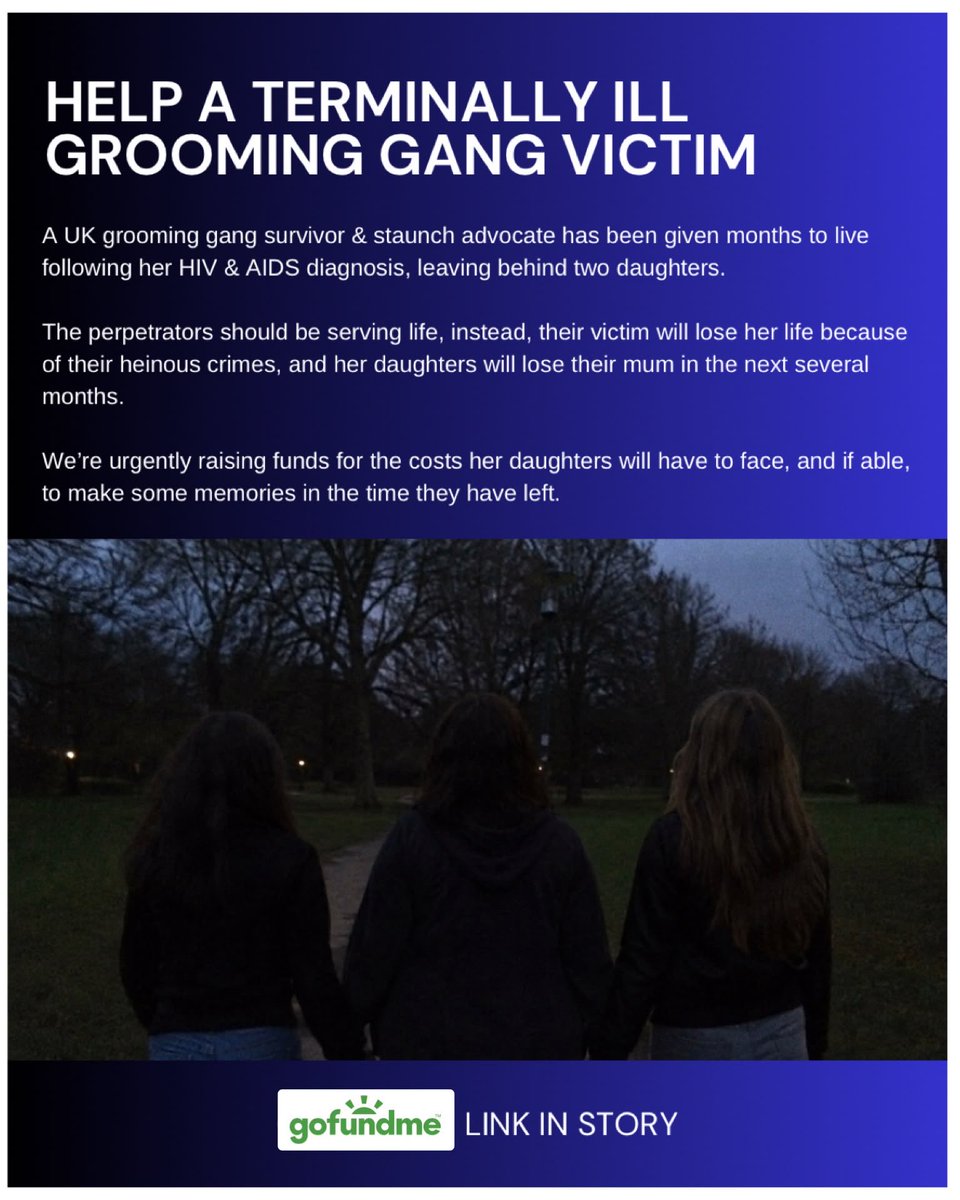DrJessTaylor's tweet photo. Stop, and read this please. If you have followed any of the UK grooming gang and rape cases in the media over the last 10-15 years - I need you to read this, share it, and help if you can. 

We are raising funds for our dear friend who was trafficked, raped and abused in one of the highly publicised rape gang cases in the UK. During the rapes and abuse, she contracted HIV which progressed to AIDS a while back now. We have watched as our brilliant, smart, caring and funny friend has become extremely unwell, and has now only months to live. 

Please go to the comments to read more and to support us making her final days comfortable, to pay for her funeral, and to support her two daughters after she passes. I’ll pop link below or you can DM me for details. 

This is the reality of the legacy of rape and abuse. Please don’t look away. 

Thank you,

Jess