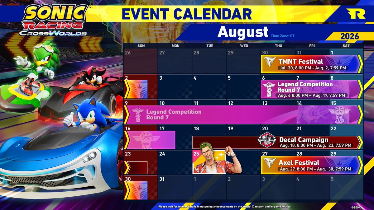 SunwerPrower's tweet photo. Calendario de eventos de Sonic Crossworlds de Agosto

Axel llega la última semana del mes https://t.co/py9KFXY72X