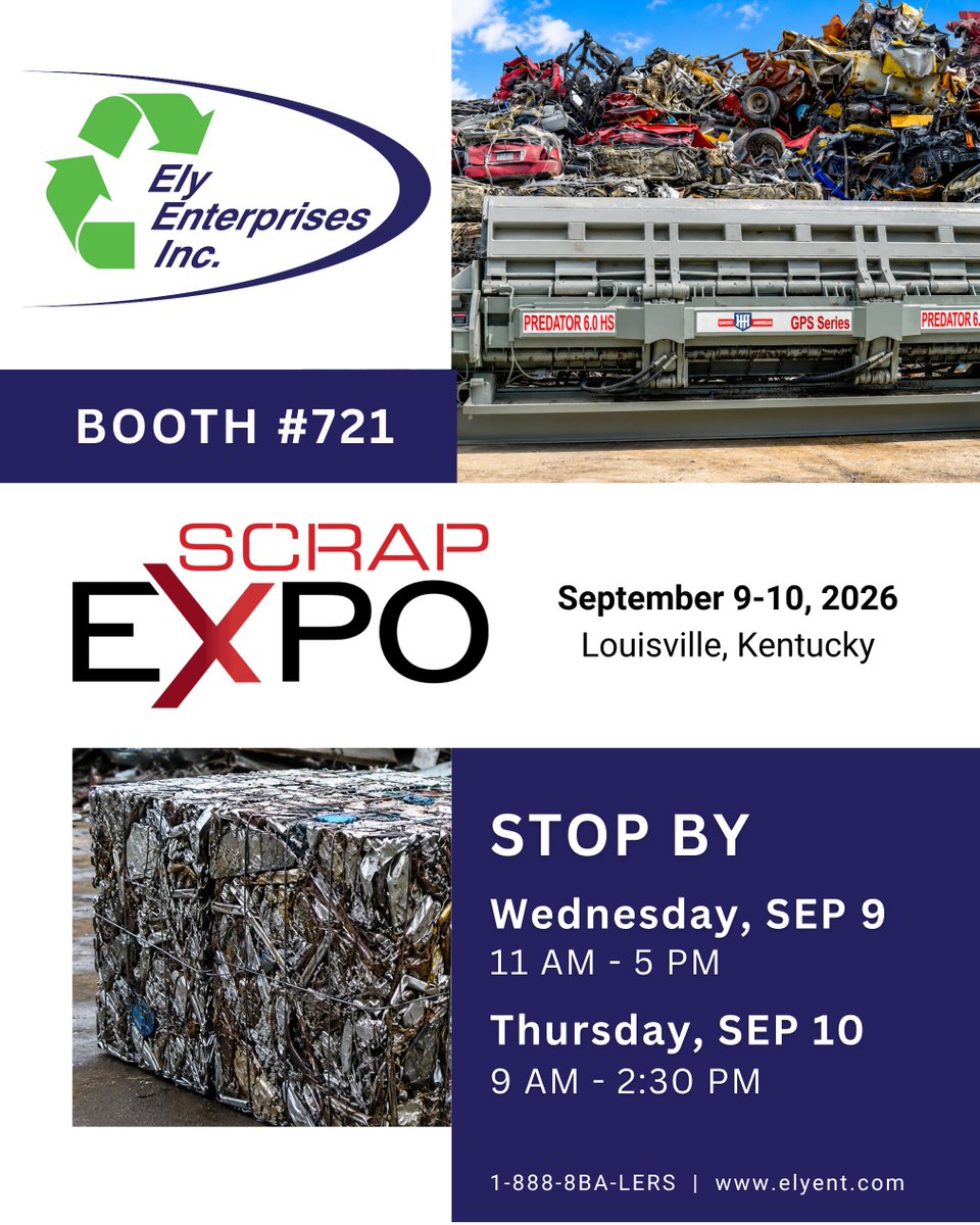 ElyEnterprises's tweet photo. Headed to #ScrapExpo2026? Stop by and meet the Ely Enterprises team! Explore new &amp; used balers, shredders, shears, parts, service, and complete recycling solutions. Plus, enter for a chance to win our booth giveaway! See you in Louisville! #Recycling #ScrapIndustry https://t.co/Xt5YlXrBzX