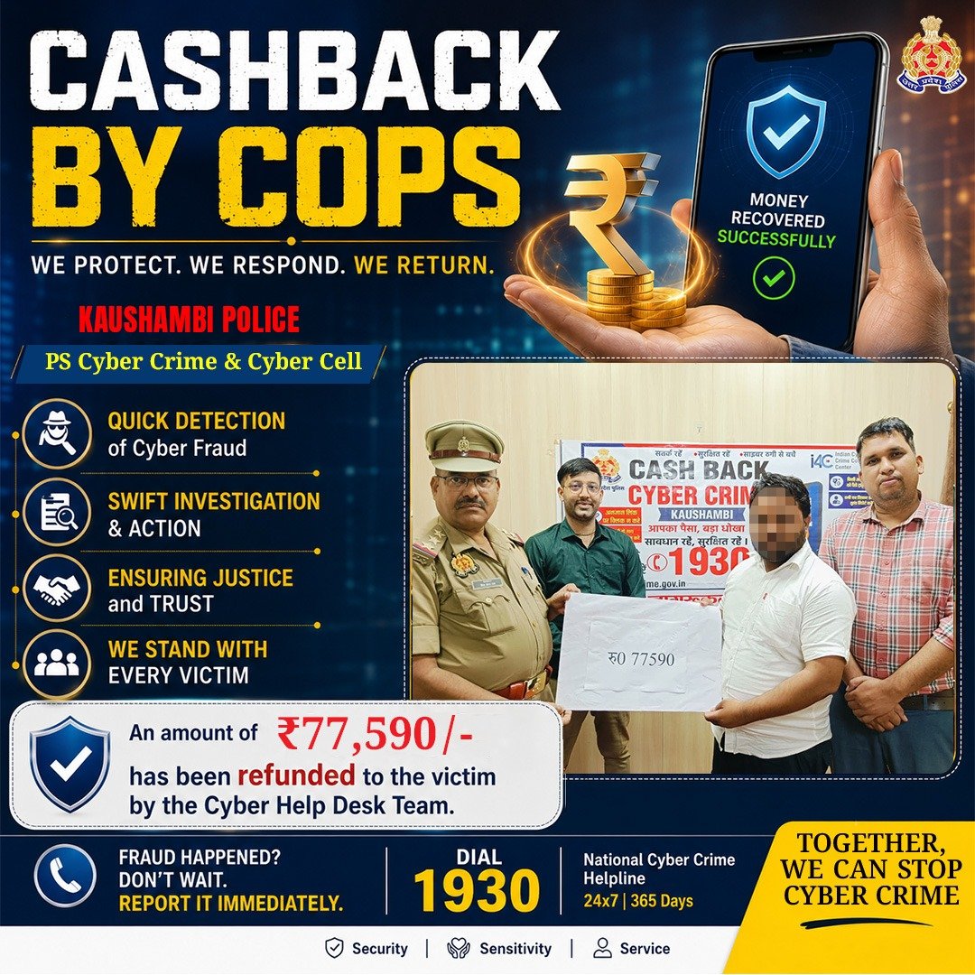 Uppolice's tweet photo. पीड़ित से एप के माध्यम से ई-चालान भरने के नाम पर साइबर ठगी किए गए ₹77,590/-@kaushambipolice थाना साइबर क्राइम एवं साइबर सेल टीम द्वारा पीड़ित को वापस कराए गए।

खाते से धोखाधड़ी से पैसा निकलने की दशा में तुरंत 1930 पर कॉल करें या https://t.co/W7HzGMfw1t पर शिकायत दर्ज करें।  

#UPPCracksCyberCrime 
#UPAgainstCyberCrime 
#CyberSafeUP