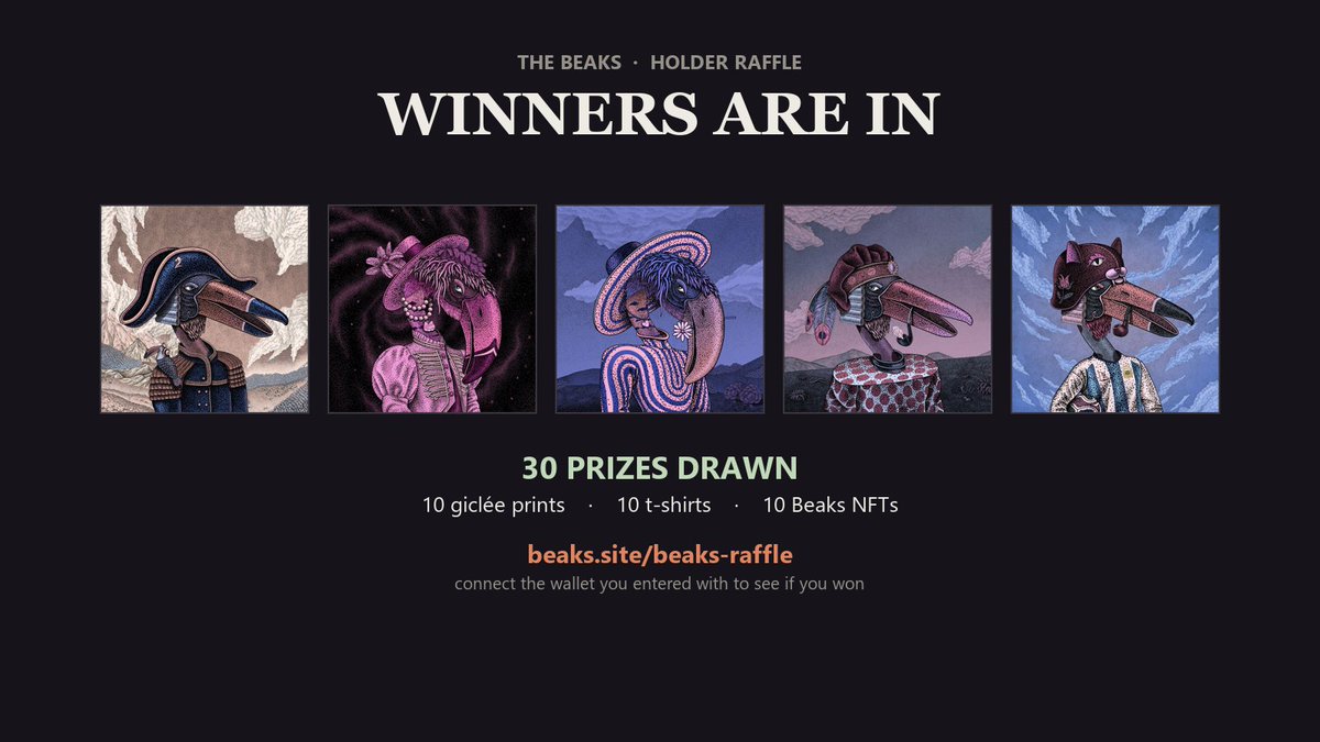 DKashtalyan's tweet photo. The wheel has spoken 🦩

We've reached out to all 30 winners of the Beaks Holder Raffle.

If you entered, head over to https://t.co/MLyMmGzdCj and connect the wallet you used to see if you made the list.

Right now we're calculating shipping costs and putting everything together before we start sending rewards out.

We're honestly pretty proud of how much we've managed to optimize the process. Some holders have already received their physical rewards.

Thanks again to everyone who took part.