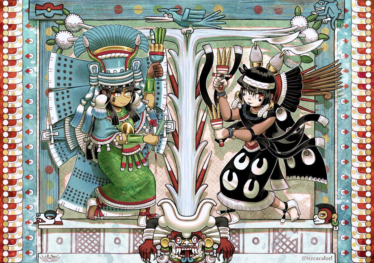 Itzcacalotl's tweet photo. Chalchiuhtlicue🌊and Tlazolteotl🌚as Yohualtecuhtin ("Rulers of the Night") of the western direction of the universe, Cihuatlampa.
#CodexBlack https://t.co/gmvvGtefXV