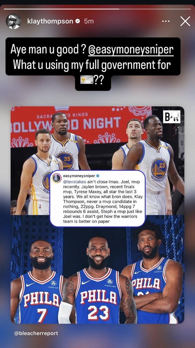 ClutchPoints's tweet photo. "Aye man u good?"

Klay Thompson clapped back at Kevin Durant on his IG story for saying that he was "never an MVP candidate in nothing" 😳

(via @KlayThompson) https://t.co/5opS8HNJxQ