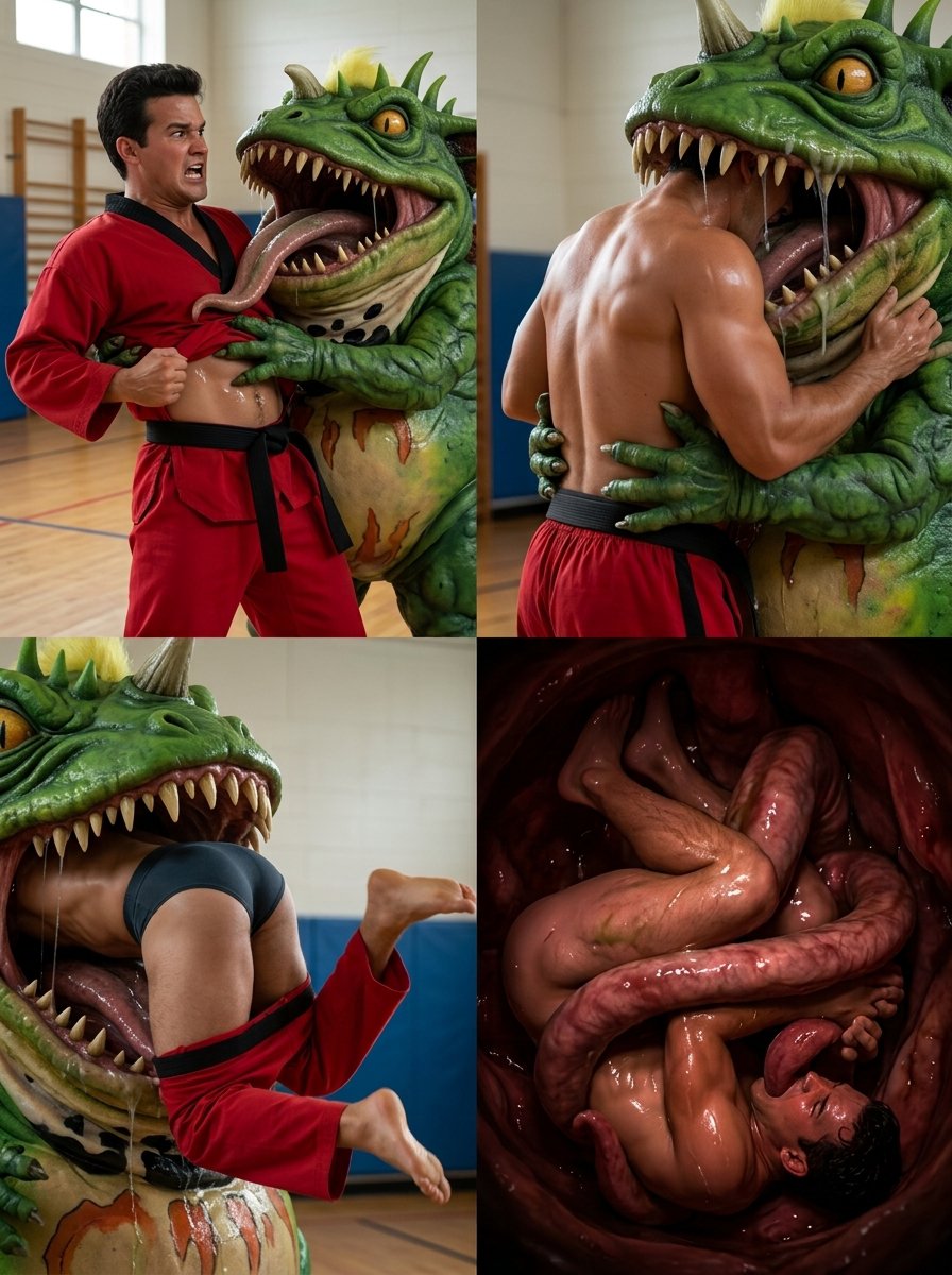 shalnarky1's tweet photo. Just when they thought they'd killed the Terror Toad, Jason was unaware it had revived and targeted him. It sneaked into the gym while he practiced, grabbed him before he could transform, pinned his arms, stripped away his shirt, and swallowed him whole (13) #terrortoad #vore https://t.co/eAoxPENoJI