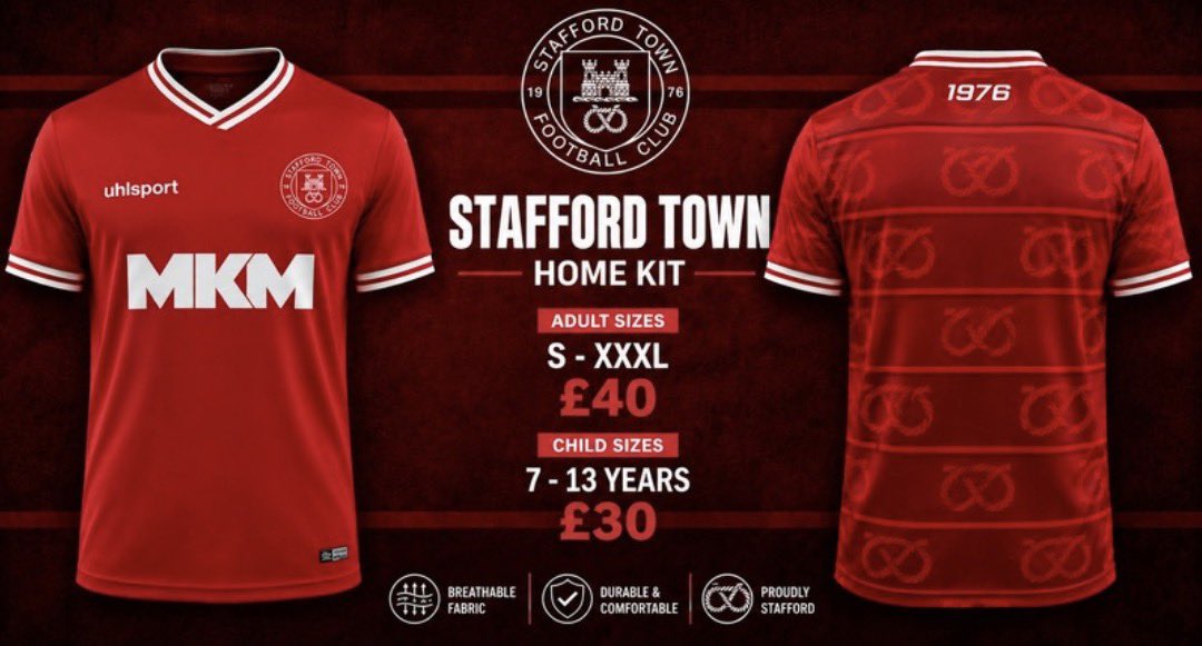 StaffordTown1st's tweet photo. 🚨 Stock Update! 🚨

After the initial order sold quickly, we have now restocked on our new home shirts and they will be available to purchase from the club shop, at tonight’s game! 

#UpTheTown https://t.co/stWW8eaf8J