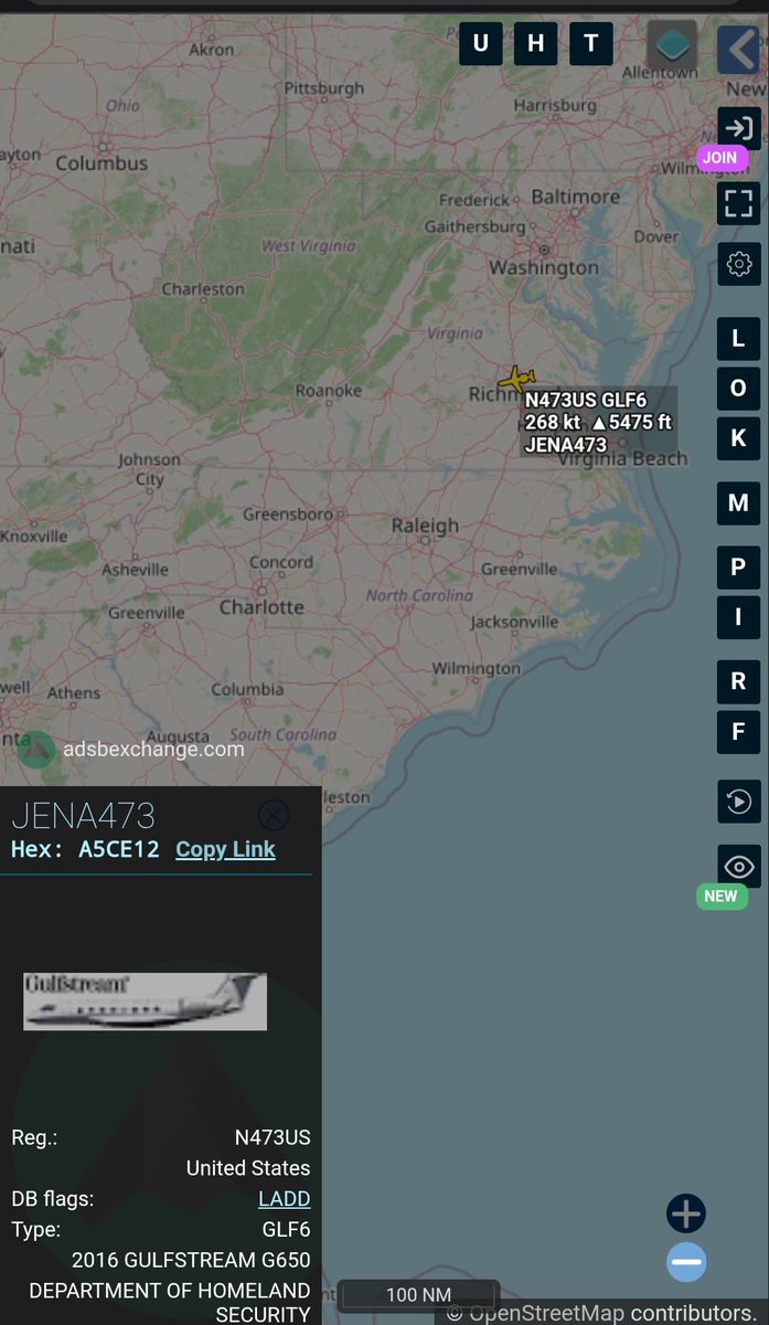 Borrowed7Time's tweet photo. US DHS G650 N473US #A5CE12 using FBI callsign JENA473 en route from Richmond to Asheville NC.
@sipjack1776 @LadyAstroJet https://t.co/7BQoW6C2zF