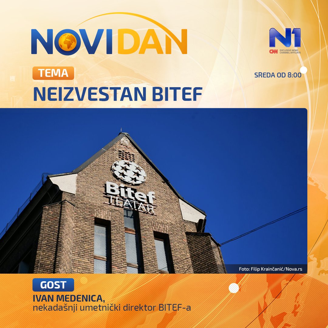 n1srbija's tweet photo. U sredu u #NoviDan o povlačenju pozorišnih trupa sa ovogodišnjeg Beogradskog internacionalnog teatarskog festivala.

Gost jutarnjeg programa biće nekadašnji umetnički direktor BITEF-a, univerzitetski profesor, teatrolog i pozorišni kritičar Ivan Medenica.

Ideju ministra prosvete o pripajanju novosadske Jovine gimnazije Srpskoj pravoslavnoj crkvi, kao i druge događaje, ali i teme sa naslovnih strana dnevnih novina komentarisaće suspendovana nastavnica srpskog jezika  Rima Grujić.

Da li je zbog radova koje, usred hidrološke krize, izvodi preduzeće "Srbijavode", ugroženo vodoizvorište u Galovici, istražuje reporterka  N1.

Proveravamo i da li će filmski producenti ponovo zasaditi drvo javora na mestu sa kog su ga prethodno iščupali zbog snimanja, a zbog čega je deo građana sa Dorćola, u Beogradu, burno reagovao na društvenim mrežama.

Emisija je na programu od osam časova, a vodi je @MiaBjelo.