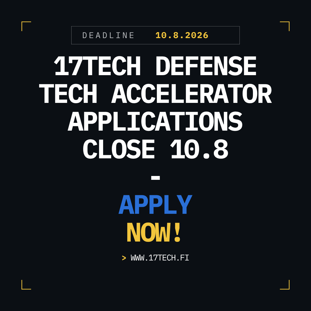 17Techoy's tweet photo. Deadline for applications 10.8. Apply now: https://t.co/y51jXTTI7g
 
What you get when you join the 17Tech defence accelerator:
 
Validations with military in Ukraine and NATO countries
Structure coaching
Mentors' support by 30+ professionals
Access to R&D center in Kyiv
Investor relations & defence forces introductions
Cohort synergy
 
We help you to take your tech from prototype to frontline.