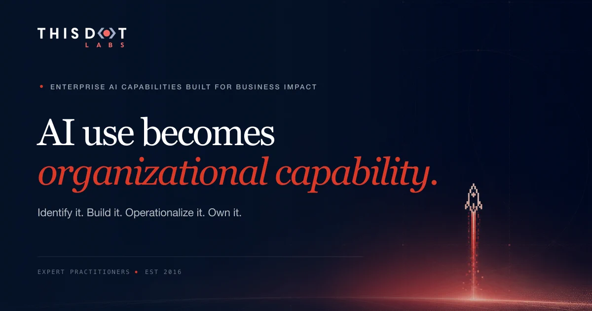 Dark navy promotional graphic from This Dot Labs featuring the headline, "AI use becomes organizational capability." with "organizational capability." emphasized in orange italic text. Above the headline is the phrase "Enterprise AI capabilities built for business impact." Below, smaller text reads, "Identify it. Build it. Operationalize it. Own it." The This Dot Labs logo appears in the upper left, while the bottom right features a pixel-art rocket launching upward with a glowing orange exhaust trail. A subtle technical grid and circular design elements form the background, reinforcing a modern enterprise technology theme.