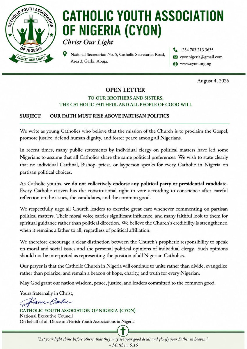 abdullahayofel's tweet photo. This is what will call Aura for aura 🔥

"We respectfully urge all Church leaders to exercise great care whenever commenting on partisan political matters."

— Catholic Youth Association of Nigeria (CYON) reacts to UNCARDINAL Onaiyekan's UNPRIESTLY comments regarding the 2027 Presidential Election.