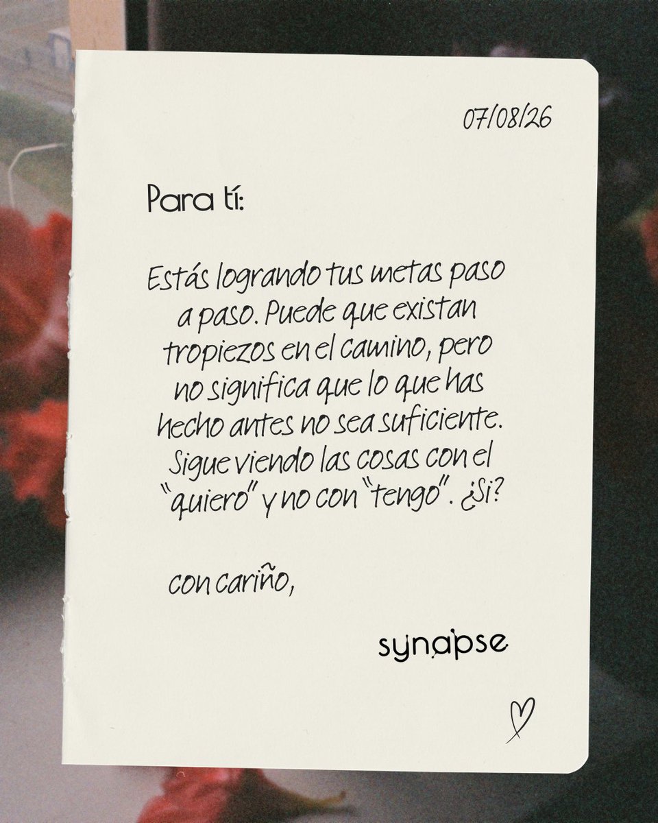 SynapseIntegral's tweet photo. Recuerda: Tu camino, tu #motivación, tus #reglas. Sabes lo mucho que te costó llegar hasta donde estás, pero también sabes quiénes te han acompañado en tu proceso y qué te impulsa a decir "quiero seguir haciéndolo, quiero iniciar, o retomar". 💪

#Synapse #Metas https://t.co/Yo2h3njbyP