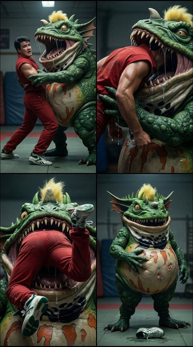 shalnarky1's tweet photo. Just when they thought they'd killed the Terror Toad, Jason was unaware it had revived and targeted him. It sneaked into the gym while he practiced, grabbed him before he could transform, pinned his arms, stripped away his shirt, and swallowed him whole (12) #terrortoad #vore https://t.co/NLzRDRaHPY